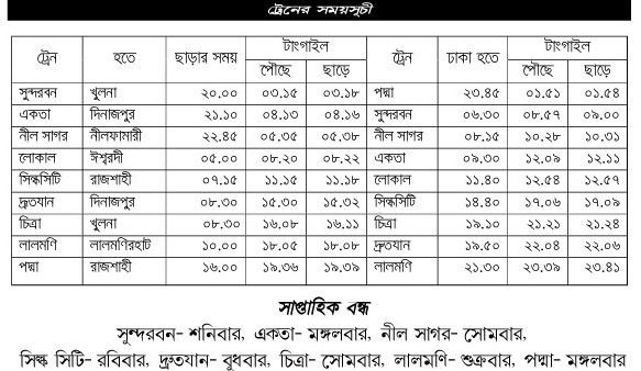 Tangail to Dhaka Train Schedule
