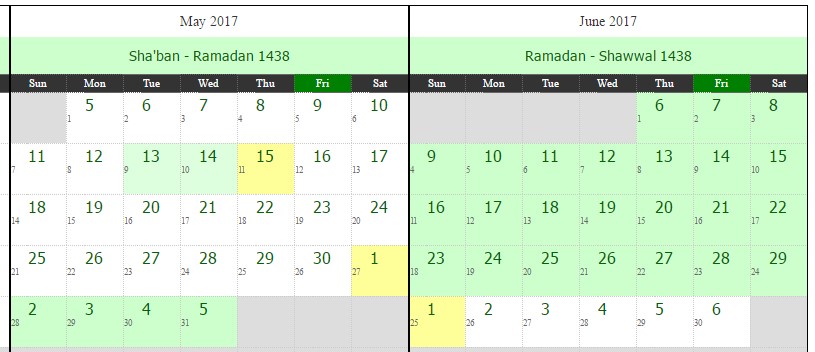 Islamic Hijri Calendar For Ramadan - 1438 Hijri