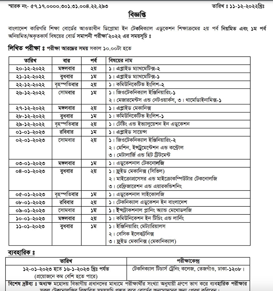 Diploma in Technical Education Exam Routine 2022 PDF