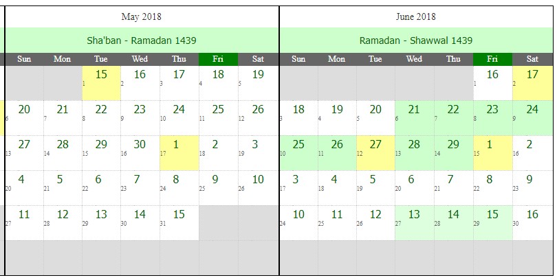Islamic Hijri Calendar For Ramadan - 1439 Hijri (Western Year 2018)