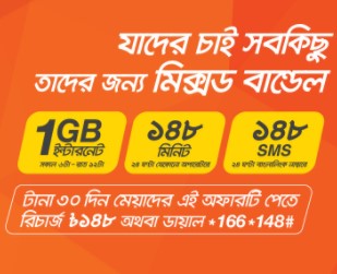 Banglalink 148 TK Mixed Bundle Offer – (1GB Internet + 148 Minutes + 148 SMS)